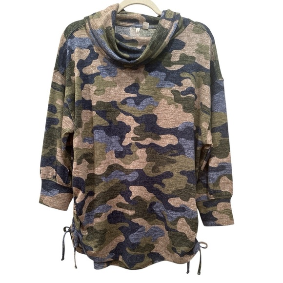 Camouflage Cowl Neck Sweater Ruching on Sides Soft Cozy Fall Sz L - Picture 1 of 10
